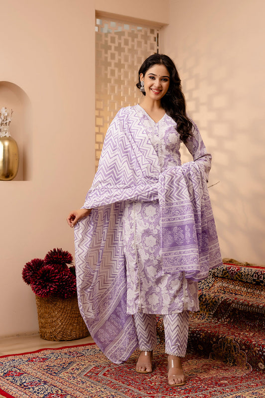 Women Lavender Floral Printed Straight Kurta And Trouser With Dupatta | LASVINI - Redefining Indian Fashion with Elegance
