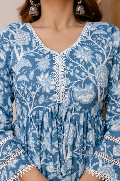 Women Blue Floral Printed Anarkali Kurta And Trouser With Dupatta | LASVINI - Redefining Indian Fashion with Elegance