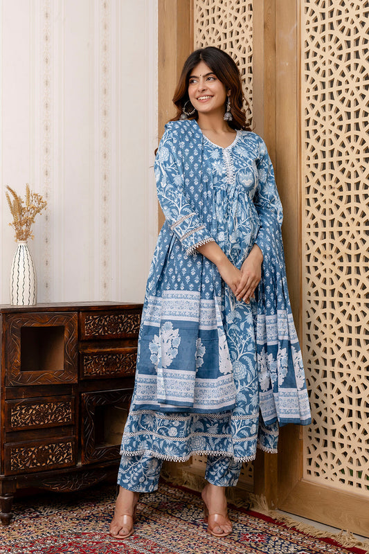 Women Blue Floral Printed Anarkali Kurta And Trouser With Dupatta | LASVINI - Redefining Indian Fashion with Elegance