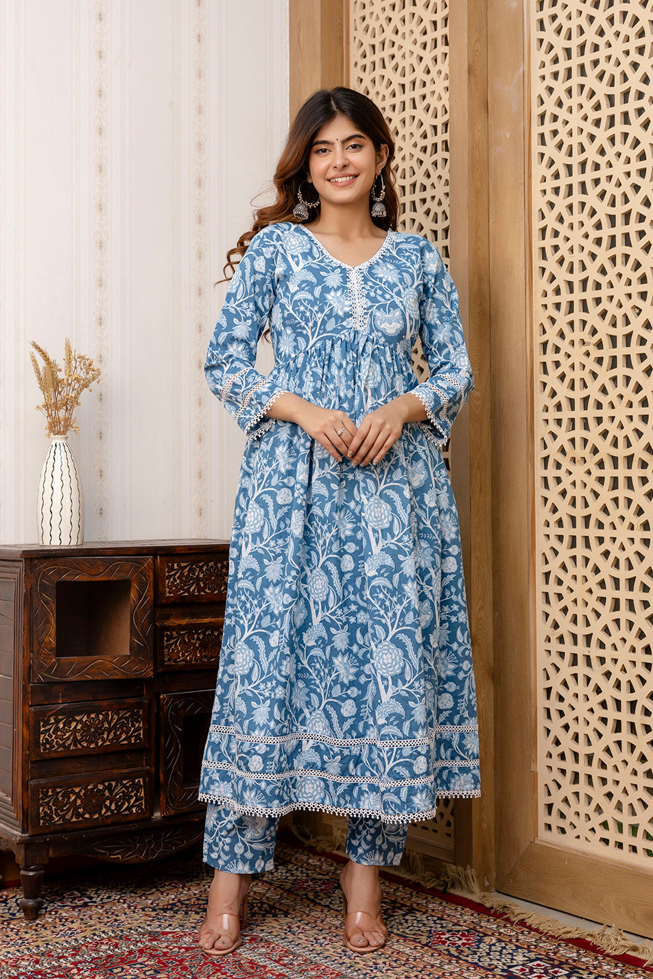 Women Blue Floral Printed Anarkali Kurta And Trouser With Dupatta | LASVINI - Redefining Indian Fashion with Elegance