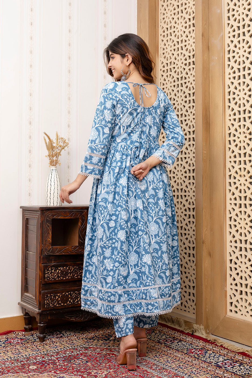Women Blue Floral Printed Anarkali Kurta And Trouser With Dupatta | LASVINI - Redefining Indian Fashion with Elegance