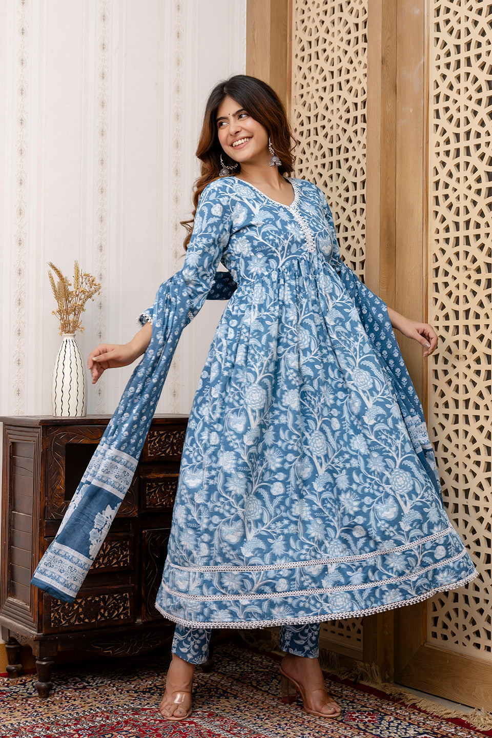 Women Blue Floral Printed Anarkali Kurta And Trouser With Dupatta | LASVINI - Redefining Indian Fashion with Elegance