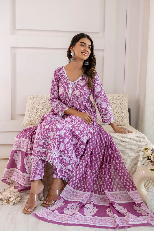Women Mauve Floral Printed Anarkali Kurta And Trouser With Dupatta | LASVINI - Redefining Indian Fashion with Elegance