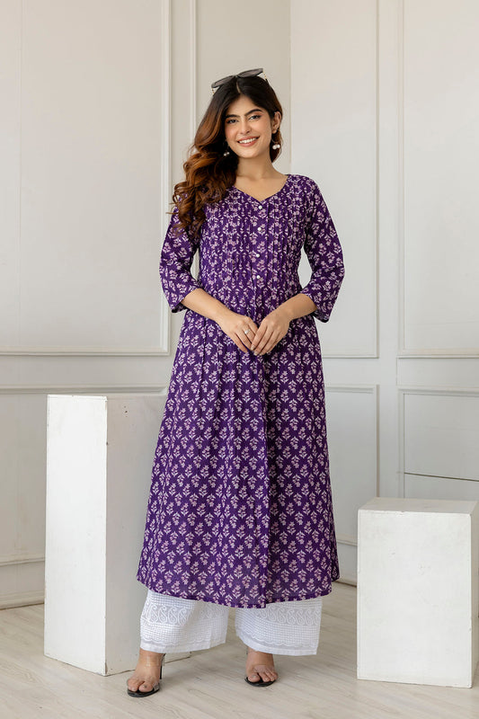 Women Purple Printed A-Line Kurta With Three Quarter Sleeves | LASVINI - Redefining Indian Fashion with Elegance
