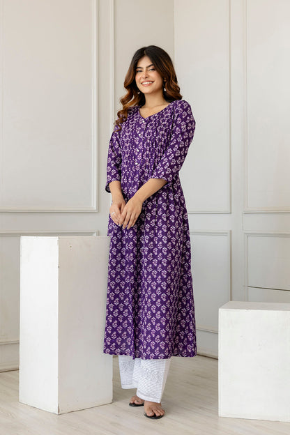 Women Purple Printed A-Line Kurta With Three Quarter Sleeves | LASVINI - Redefining Indian Fashion with Elegance