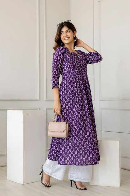 Women Purple Printed A-Line Kurta With Three Quarter Sleeves | LASVINI - Redefining Indian Fashion with Elegance