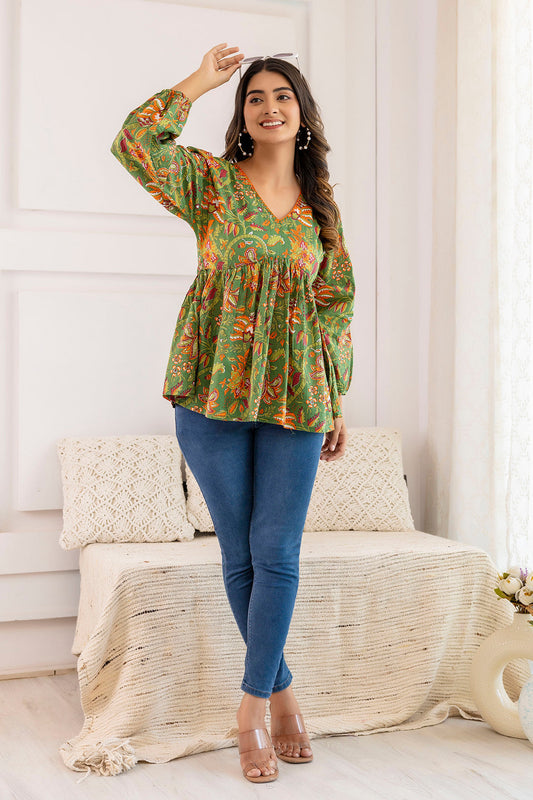 Women Green Printed V-Neck Peplum Tunic | LASVINI - Redefining Indian Fashion with Elegance