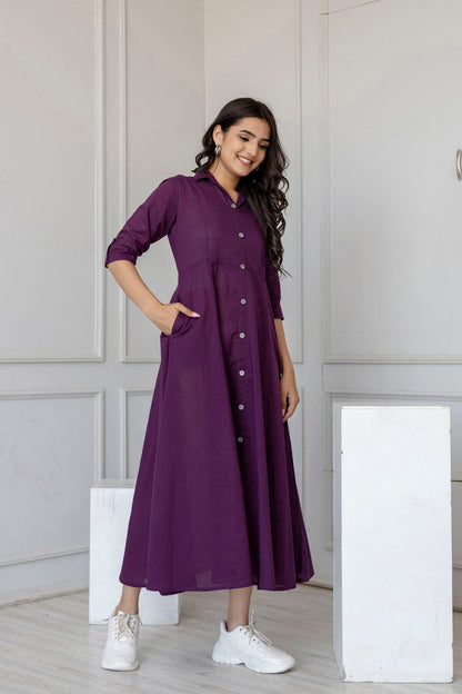 Women Purple Solid Flared Dress With Three Quarter Sleeves | LASVINI - Redefining Indian Fashion with Elegance