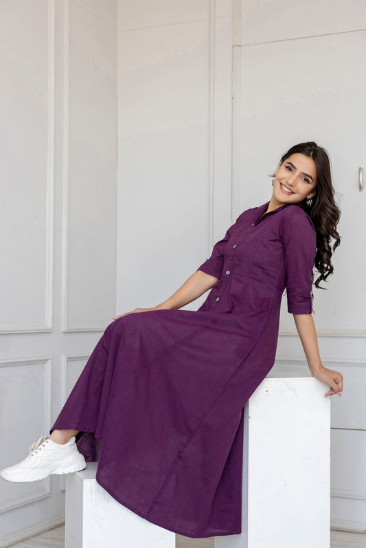 Women Purple Solid Flared Dress With Three Quarter Sleeves | LASVINI - Redefining Indian Fashion with Elegance