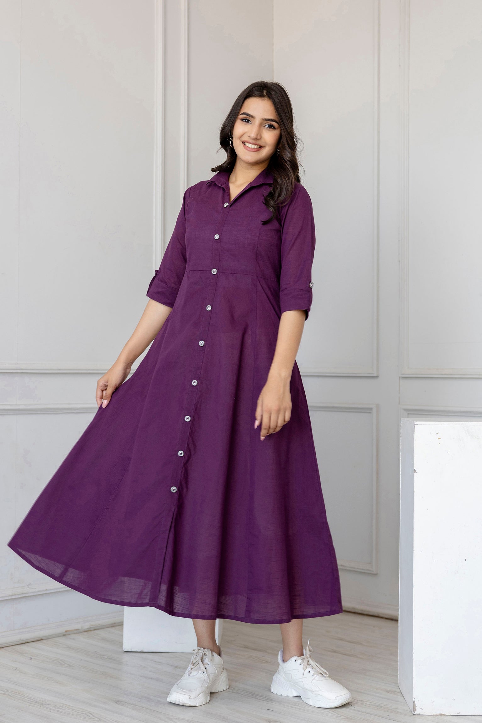 Women Purple Solid Flared Dress With Three Quarter Sleeves | LASVINI - Redefining Indian Fashion with Elegance