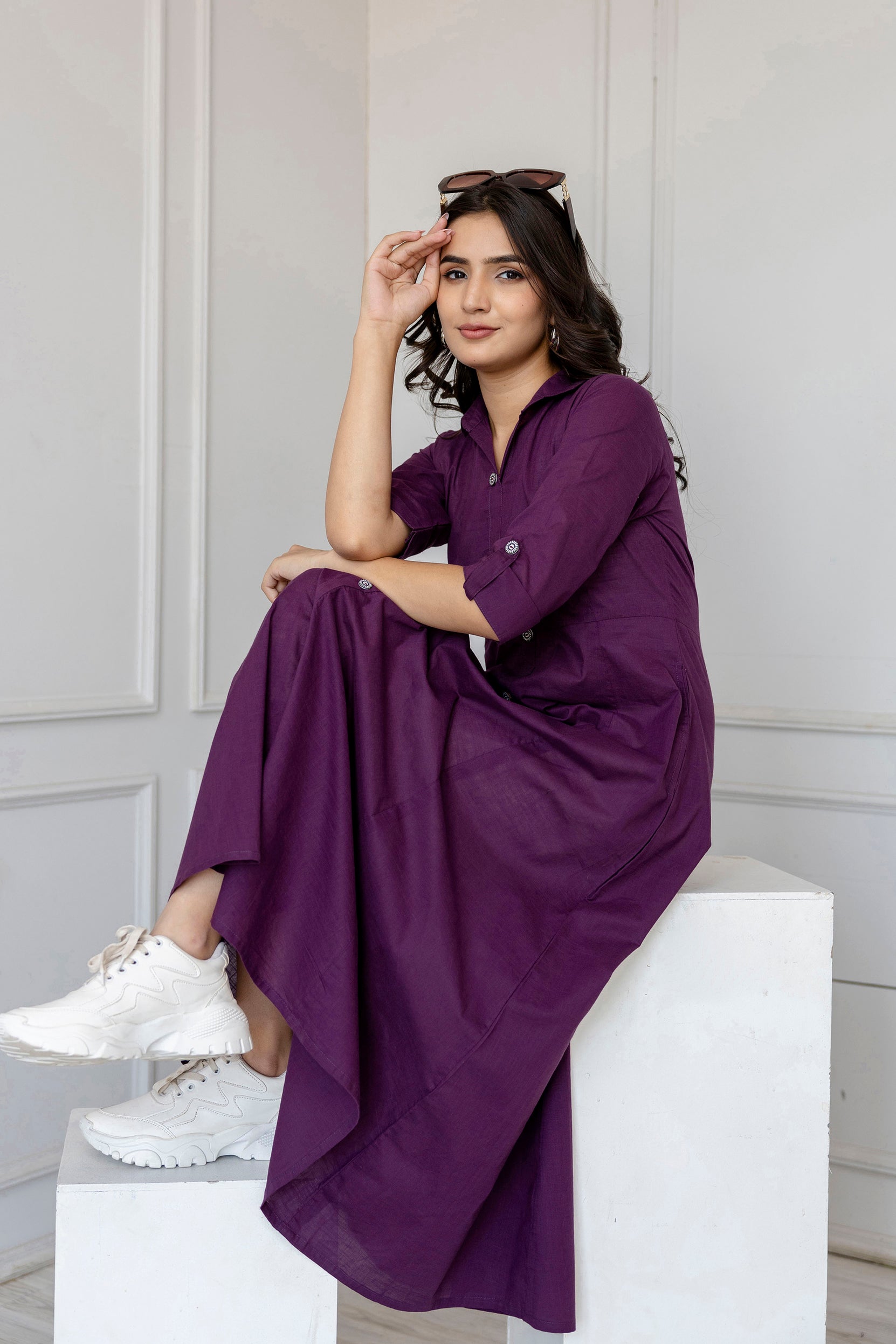 Women Purple Solid Flared Dress With Three Quarter Sleeves | LASVINI - Redefining Indian Fashion with Elegance