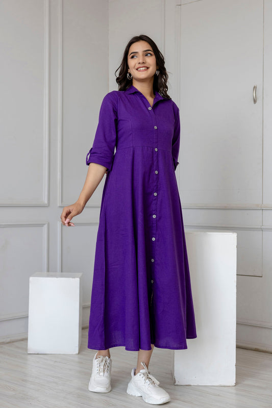 Women Purple Solid Flared Dress With Three Quarter Sleeves | LASVINI - Redefining Indian Fashion with Elegance