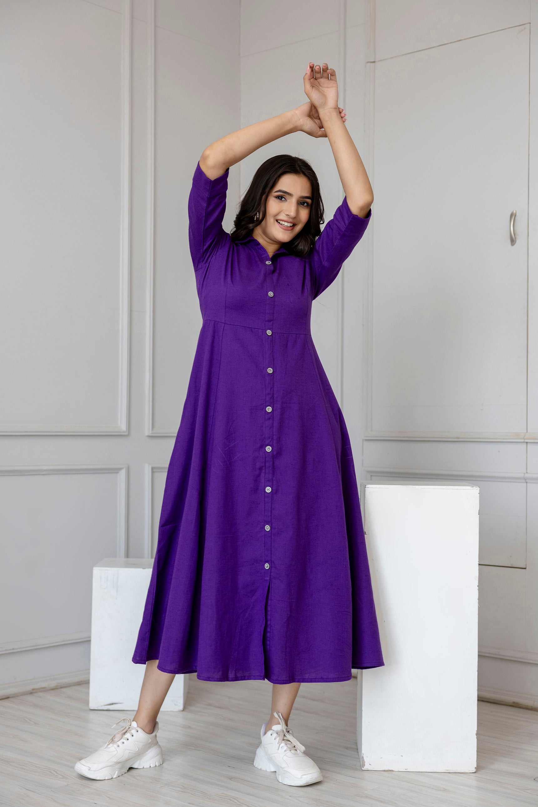 Women Purple Solid Flared Dress With Three Quarter Sleeves | LASVINI - Redefining Indian Fashion with Elegance