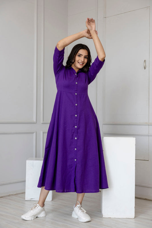 Women Purple Solid Flared Dress With Three Quarter Sleeves | LASVINI - Redefining Indian Fashion with Elegance