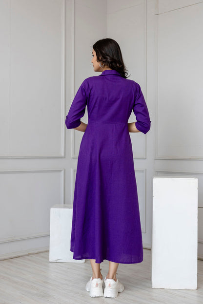 Women Purple Solid Flared Dress With Three Quarter Sleeves | LASVINI - Redefining Indian Fashion with Elegance