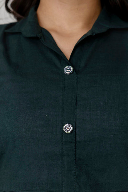 Women Green Solid Flared Dress With Three Quarter Sleeves | LASVINI - Redefining Indian Fashion with Elegance