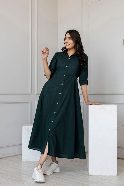 Women Green Solid Flared Dress With Three Quarter Sleeves | LASVINI - Redefining Indian Fashion with Elegance