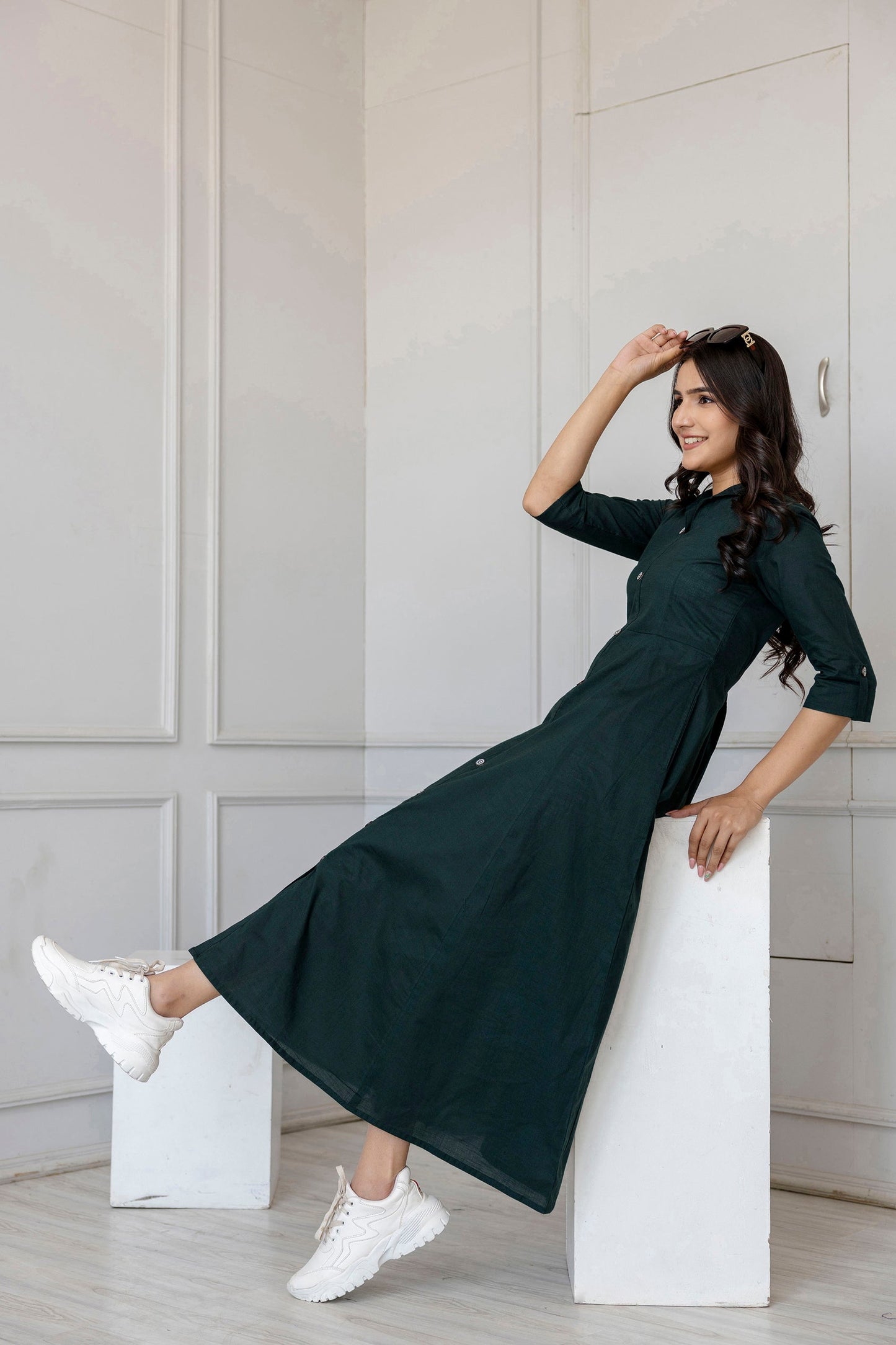 Women Green Solid Flared Dress With Three Quarter Sleeves | LASVINI - Redefining Indian Fashion with Elegance