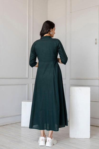 Women Green Solid Flared Dress With Three Quarter Sleeves | LASVINI - Redefining Indian Fashion with Elegance