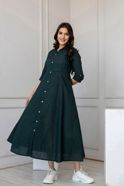 Women Green Solid Flared Dress With Three Quarter Sleeves | LASVINI - Redefining Indian Fashion with Elegance