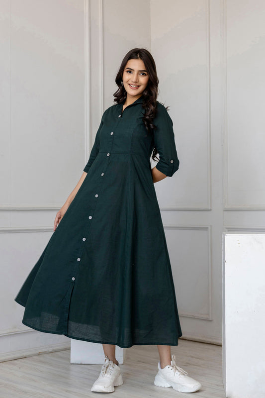 Women Green Solid Flared Dress With Three Quarter Sleeves | LASVINI - Redefining Indian Fashion with Elegance