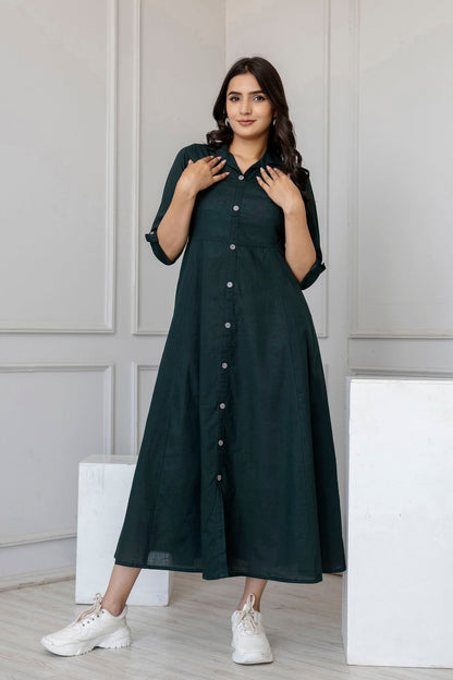 Women Green Solid Flared Dress With Three Quarter Sleeves | LASVINI - Redefining Indian Fashion with Elegance