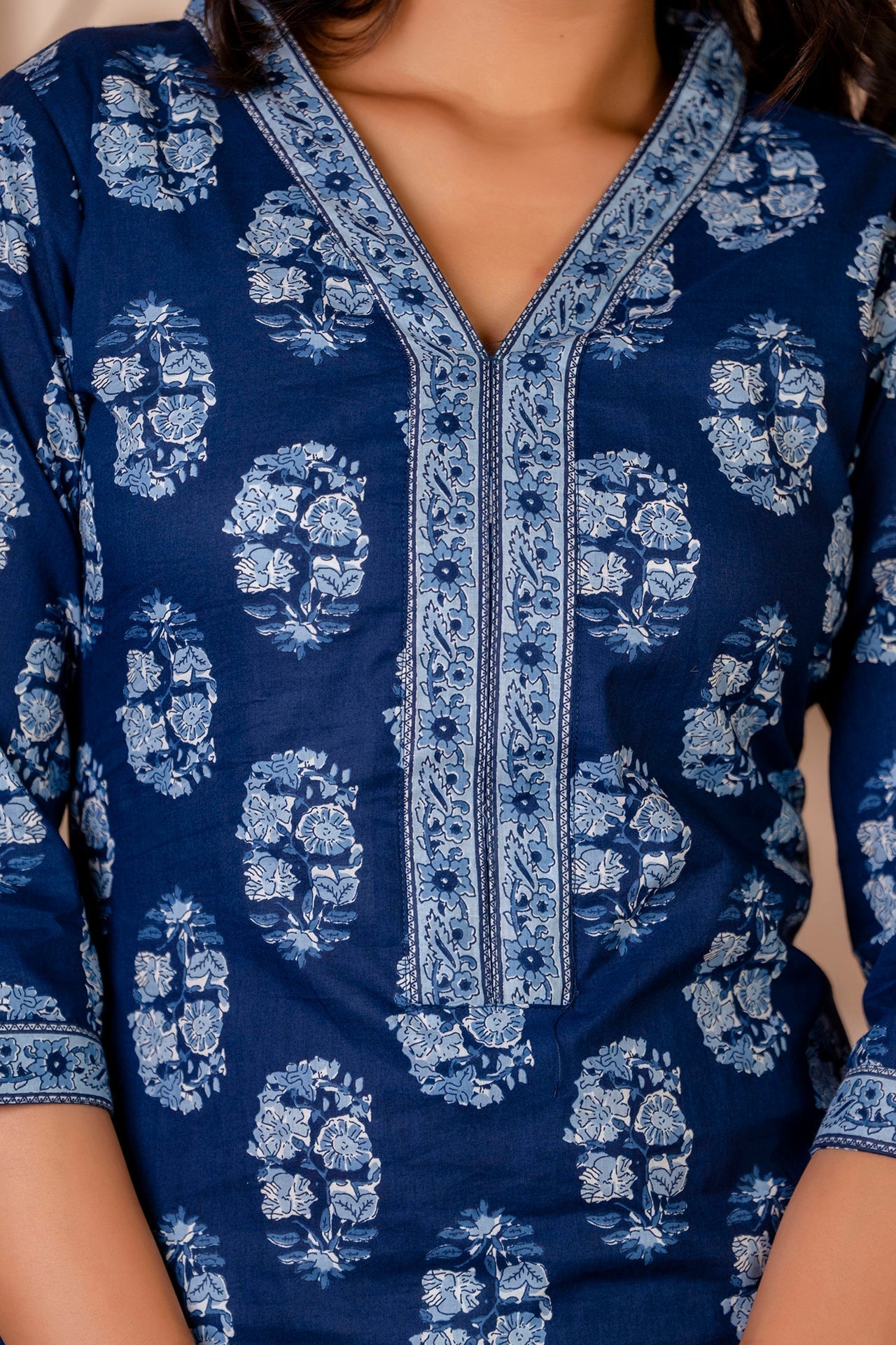 Women Blue Printed Straight Kurta With Three Quarter Sleeves | LASVINI - Redefining Indian Fashion with Elegance