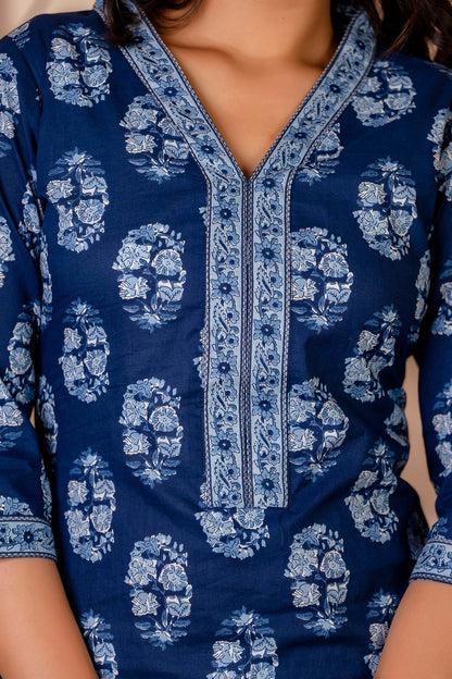 Women Blue Printed Straight Kurta With Three Quarter Sleeves | LASVINI - Redefining Indian Fashion with Elegance