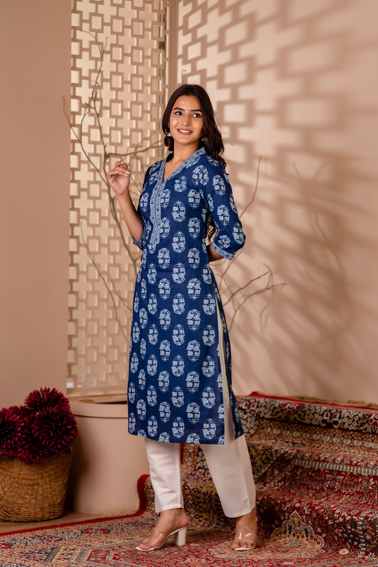 Women Blue Printed Straight Kurta With Three Quarter Sleeves | LASVINI - Redefining Indian Fashion with Elegance