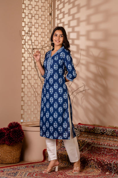 Women Blue Printed Straight Kurta With Three Quarter Sleeves | LASVINI - Redefining Indian Fashion with Elegance