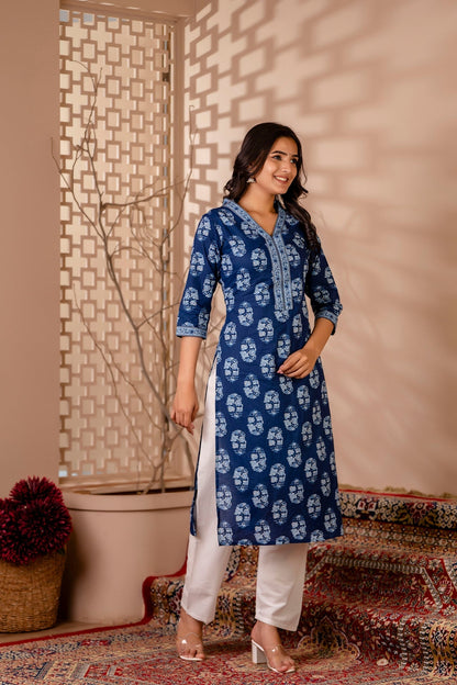Women Blue Printed Straight Kurta With Three Quarter Sleeves | LASVINI - Redefining Indian Fashion with Elegance