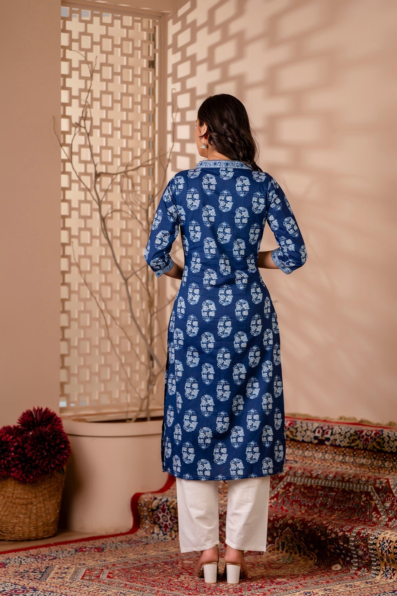 Women Blue Printed Straight Kurta With Three Quarter Sleeves | LASVINI - Redefining Indian Fashion with Elegance
