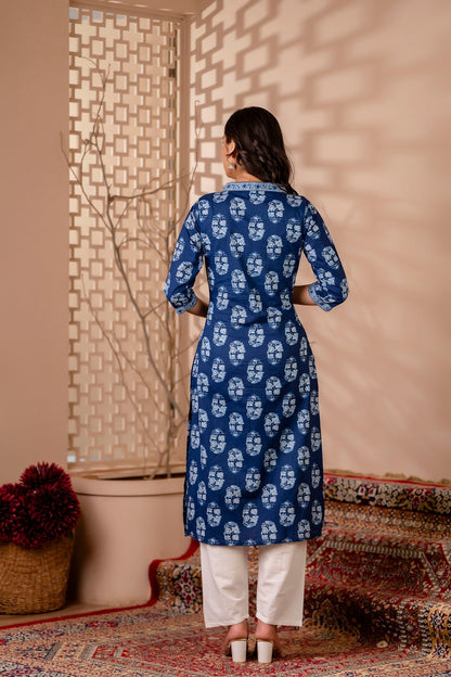 Women Blue Printed Straight Kurta With Three Quarter Sleeves | LASVINI - Redefining Indian Fashion with Elegance