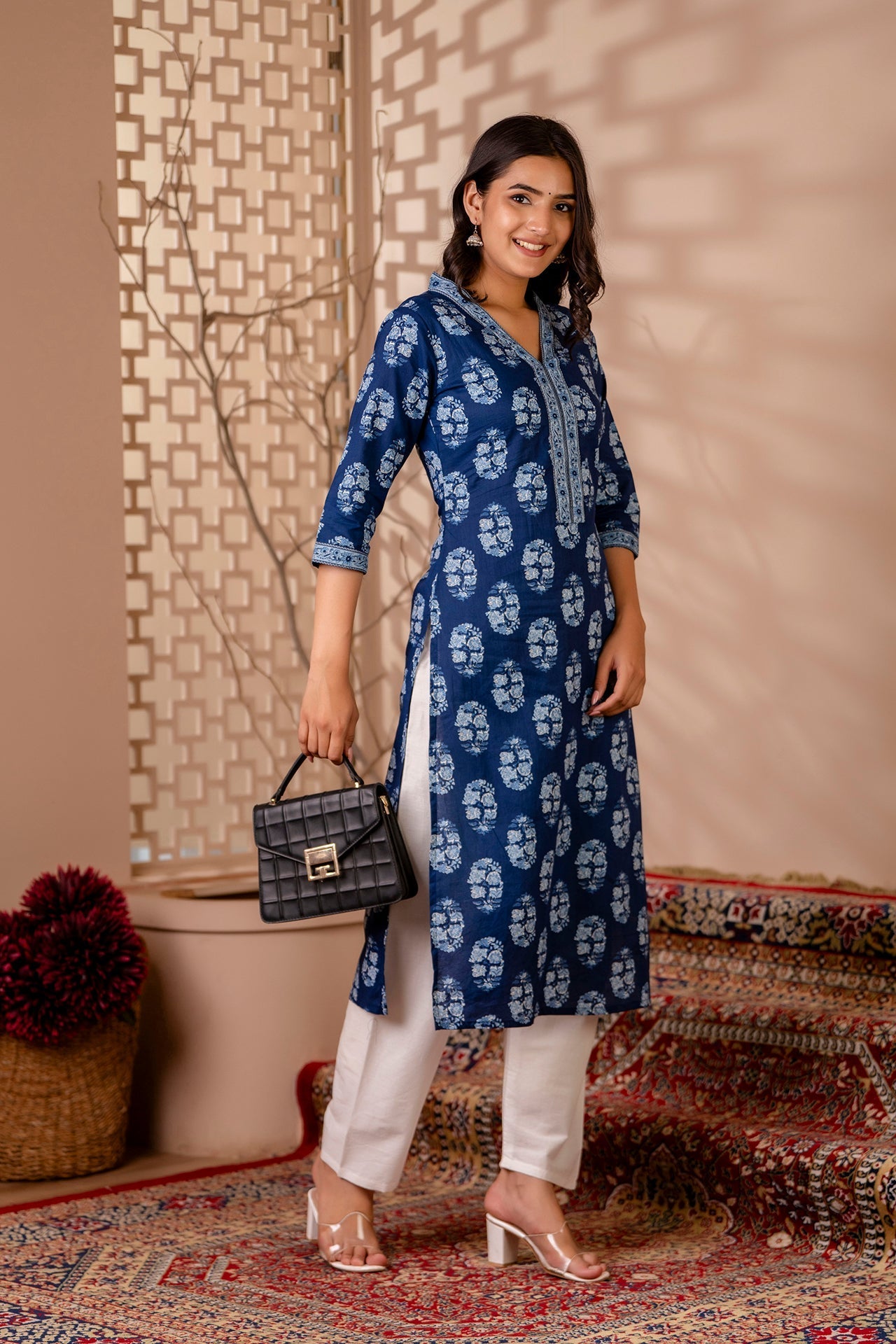 Women Blue Printed Straight Kurta With Three Quarter Sleeves | LASVINI - Redefining Indian Fashion with Elegance