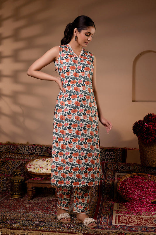 Women Off White Printed Straight Kurta With Trouser | LASVINI - Redefining Indian Fashion with Elegance