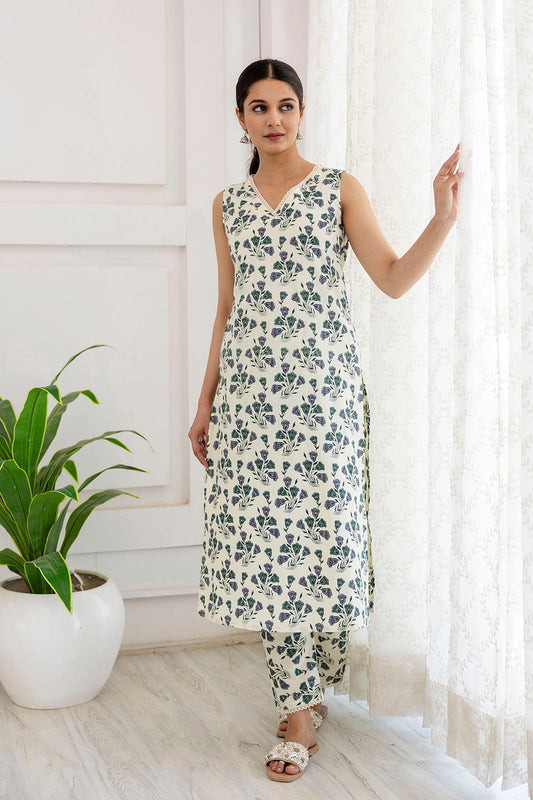 Women Off White Printed Straight Kurta With Trouser | LASVINI - Redefining Indian Fashion with Elegance