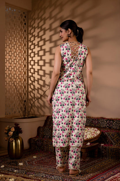 Women Off White Printed Straight Kurta With Trouser | LASVINI - Redefining Indian Fashion with Elegance