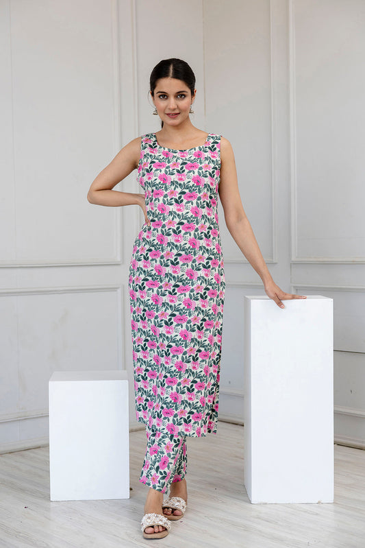 Women Off White And Pink Printed Straight Kurta With Trouser | LASVINI - Redefining Indian Fashion with Elegance