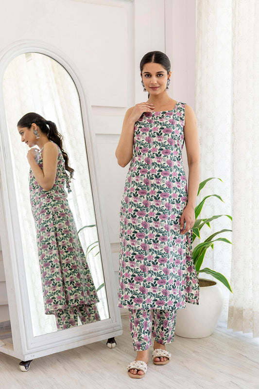 Women Off White And Purple Printed Straight Kurta With Trouser | LASVINI - Redefining Indian Fashion with Elegance