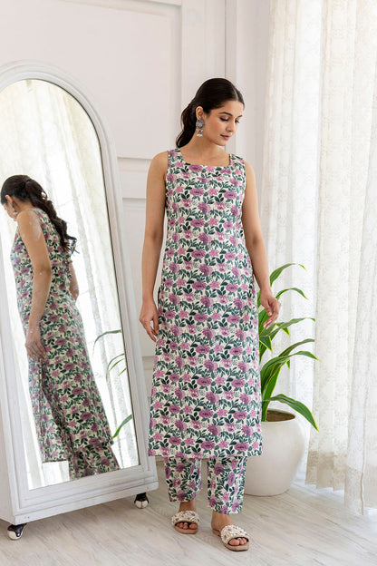 Women Off White And Purple Printed Straight Kurta With Trouser | LASVINI - Redefining Indian Fashion with Elegance
