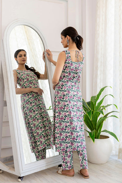 Women Off White And Purple Printed Straight Kurta With Trouser | LASVINI - Redefining Indian Fashion with Elegance