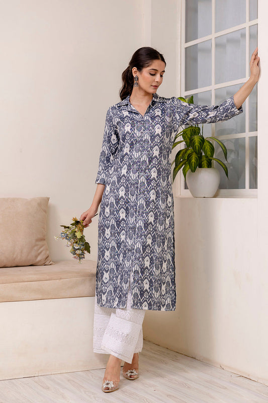 Women Grey Printed Straight Shirt Collar Kurta | LASVINI - Redefining Indian Fashion with Elegance