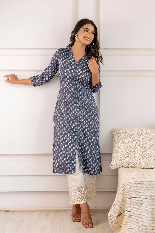 Women Blue Grey Printed Straight Shirt Collar Kurta | LASVINI - Redefining Indian Fashion with Elegance