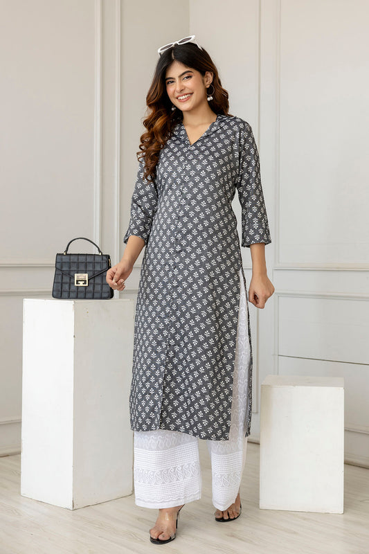 Women Grey Printed Straight Shirt Collar Kurta | LASVINI - Redefining Indian Fashion with Elegance