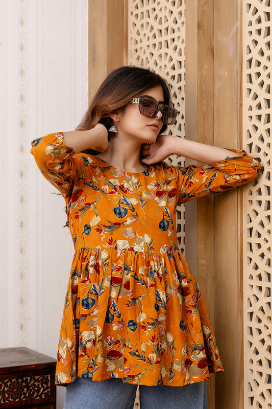 Women Mustard Printed V-Neck Peplum Tunic | LASVINI - Redefining Indian Fashion with Elegance