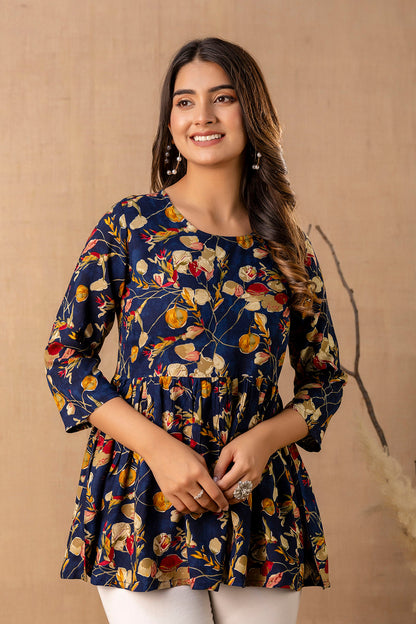 Women Navy Blue Printed V-Neck Peplum Tunic | LASVINI - Redefining Indian Fashion with Elegance