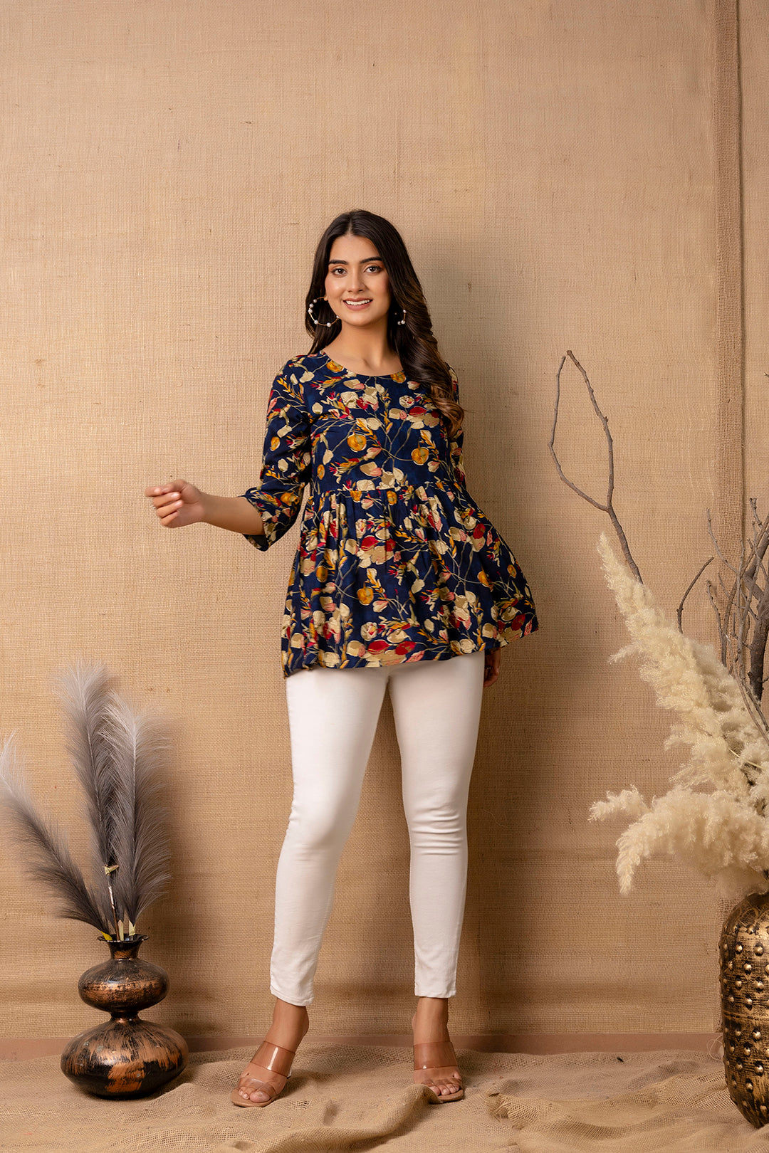 Women Navy Blue Printed V-Neck Peplum Tunic | LASVINI - Redefining Indian Fashion with Elegance