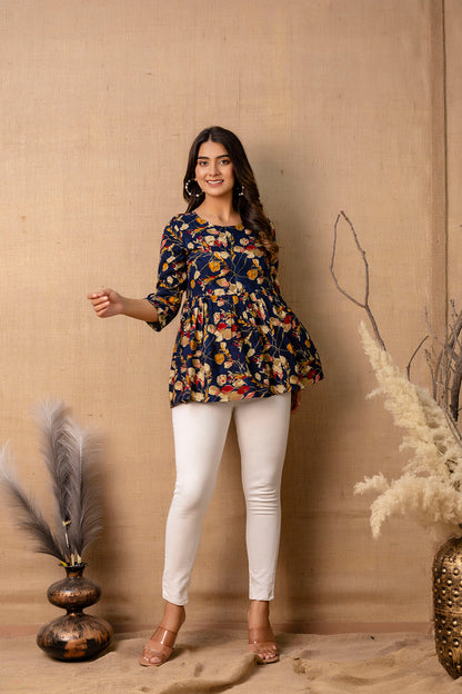 Women Navy Blue Printed V-Neck Peplum Tunic | LASVINI - Redefining Indian Fashion with Elegance