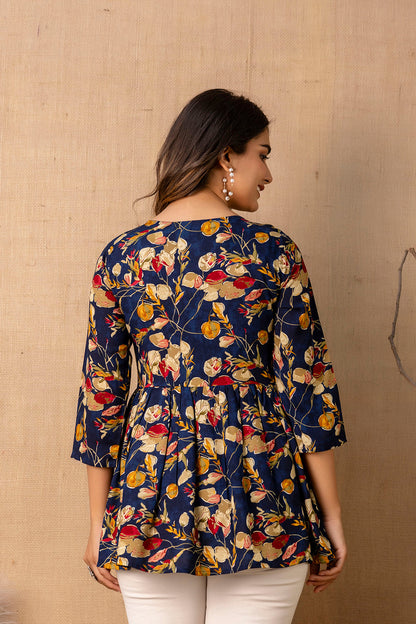 Women Navy Blue Printed V-Neck Peplum Tunic | LASVINI - Redefining Indian Fashion with Elegance