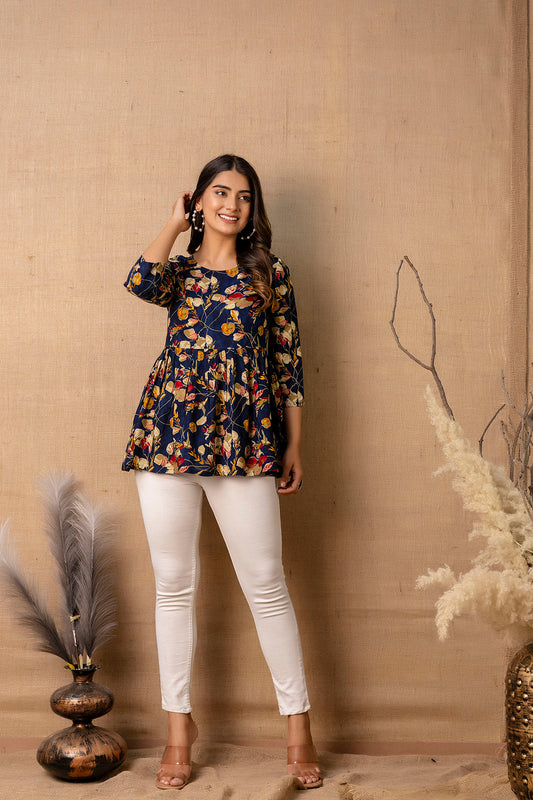 Women Navy Blue Printed V-Neck Peplum Tunic | LASVINI - Redefining Indian Fashion with Elegance